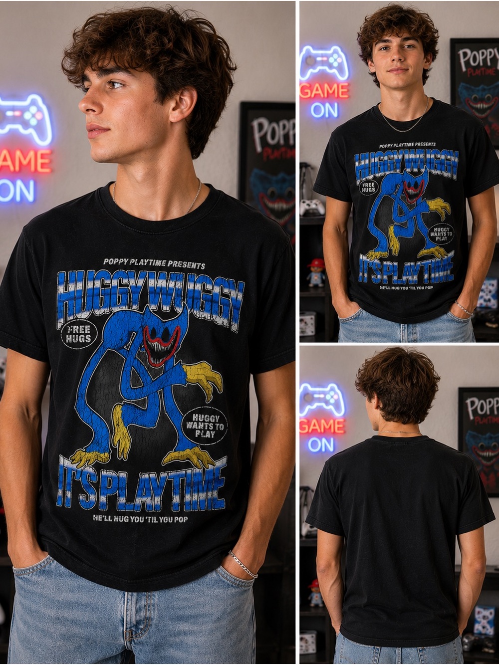 Poppy Playtime Huggy Wuggy Graphic T-Shirt Youth X-Large Black Gamer Tee
